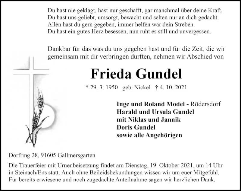  Traueranzeige für Frieda Gundel vom 16.10.2021 aus Windsheimer Zeitung Lokal