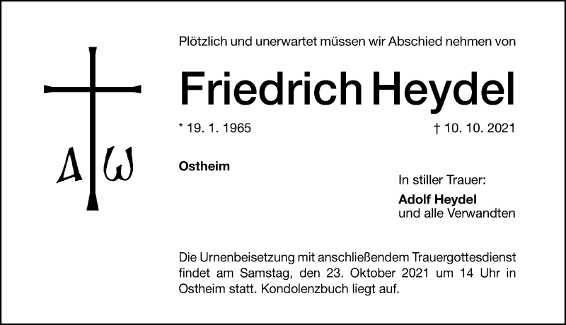  Traueranzeige für Friedrich Heydel vom 21.10.2021 aus Altmühl-Bote Lokal