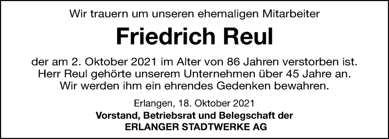  Traueranzeige für Friedrich Reul vom 18.10.2021 aus Erlanger Nachrichten Lokal