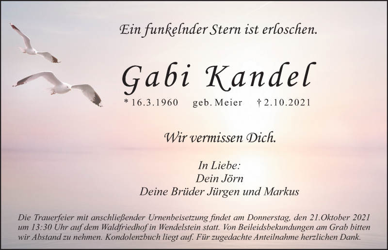  Traueranzeige für Gabi Kandel vom 19.10.2021 aus Schwabacher Tagblatt Lokal