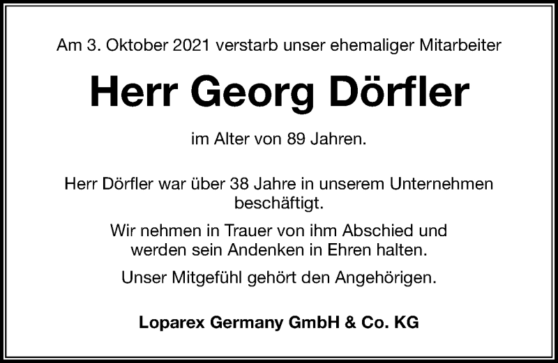  Traueranzeige für Georg Dörfler vom 19.10.2021 aus Nordbayerische Nachrichten Forchheim Lokal