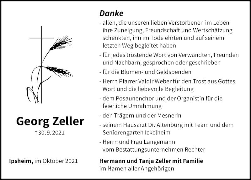 Traueranzeige für Georg Zeller vom 16.10.2021 aus Windsheimer Zeitung Lokal