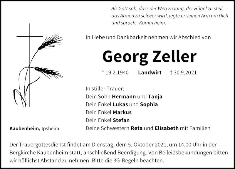  Traueranzeige für Georg Zeller vom 04.10.2021 aus Windsheimer Zeitung Lokal