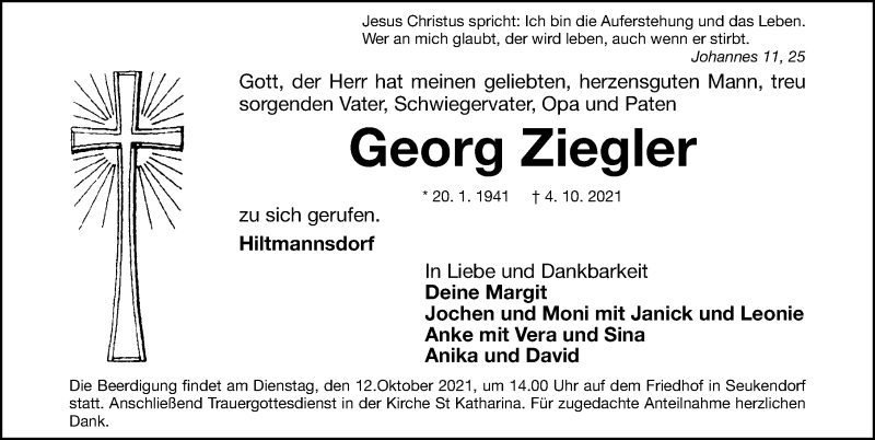  Traueranzeige für Georg Ziegler vom 08.10.2021 aus Fürther Nachrichten Lokal