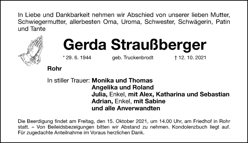  Traueranzeige für Gerda Straußberger vom 14.10.2021 aus Schwabacher Tagblatt Lokal