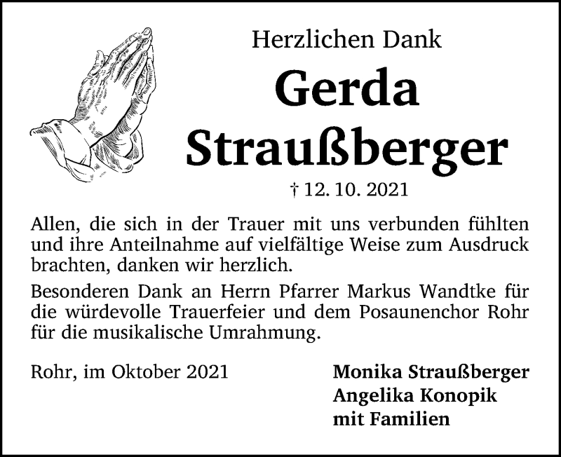  Traueranzeige für Gerda Straußberger vom 23.10.2021 aus Schwabacher Tagblatt Lokal