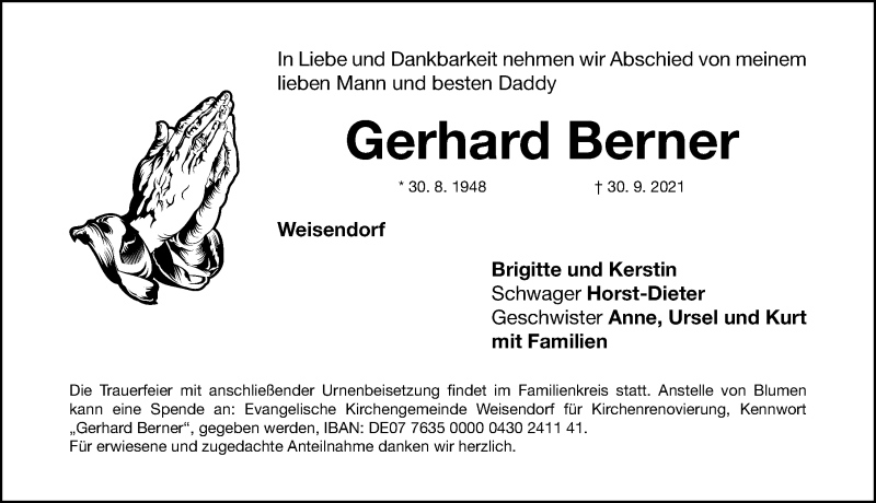  Traueranzeige für Gerhard Berner vom 02.10.2021 aus Nordbayerische Nachrichten Herzogenaurach Lokal