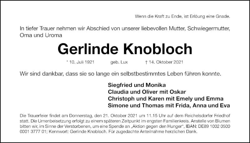  Traueranzeige für Gerlinde Knobloch vom 16.10.2021 aus Gesamtausgabe Nürnberger Nachrichten/ Nürnberger Ztg.