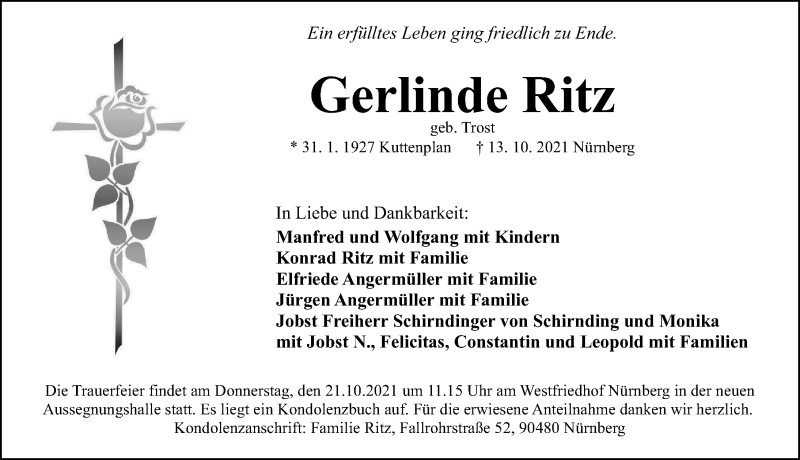  Traueranzeige für Gerlinde Ritz vom 18.10.2021 aus Gesamtausgabe Nürnberger Nachrichten/ Nürnberger Ztg.