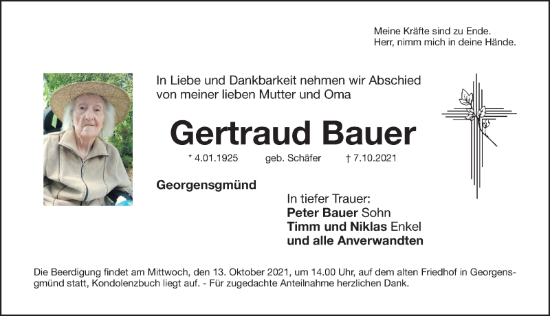  Traueranzeige für Gertraud Bauer vom 12.10.2021 aus Roth-Hilpoltsteiner Volkszeitung Lokal