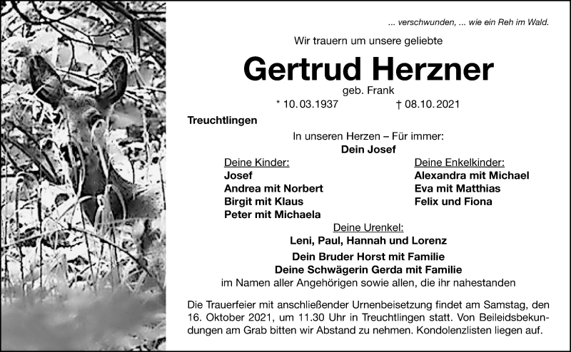  Traueranzeige für Gertrud Herzner vom 14.10.2021 aus Weißenburger Tagblatt u.Treuchtlinger Kurier Lokal