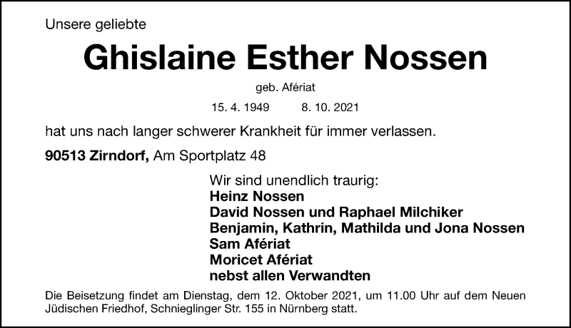  Traueranzeige für Ghislaine Esther Nossen vom 11.10.2021 aus Gesamtausgabe Nürnberger Nachrichten/ Nürnberger Ztg.