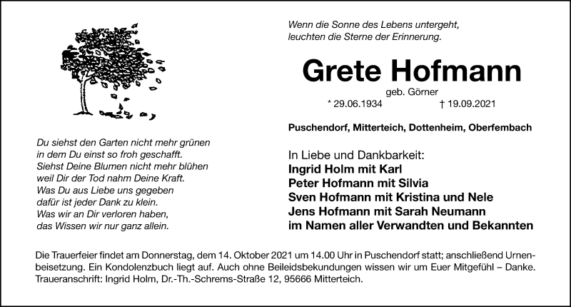  Traueranzeige für Grete Hofmann vom 11.10.2021 aus Fürther Nachrichten Lokal