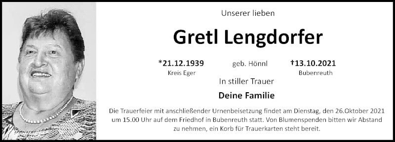  Traueranzeige für Gretl Lengdorfer vom 16.10.2021 aus Erlanger Nachrichten Lokal