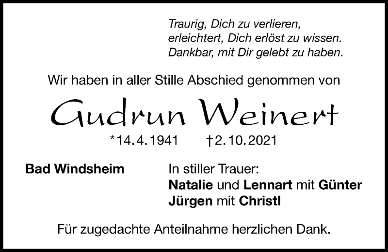  Traueranzeige für Gudrun Weinert vom 21.10.2021 aus Windsheimer Zeitung Lokal