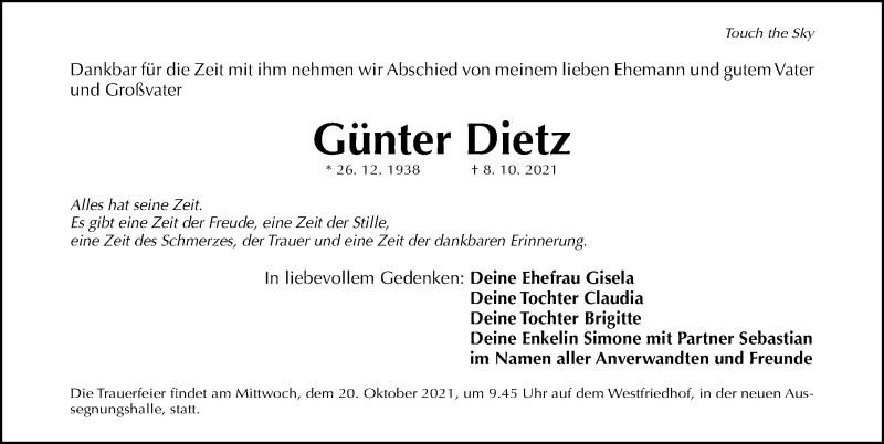  Traueranzeige für Günter Dietz vom 19.10.2021 aus Gesamtausgabe Nürnberger Nachrichten/ Nürnberger Ztg.