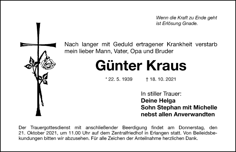  Traueranzeige für Günter Kraus vom 20.10.2021 aus Erlanger Nachrichten Lokal