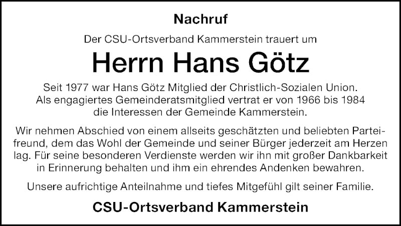  Traueranzeige für Hans Götz vom 16.10.2021 aus Schwabacher Tagblatt Lokal