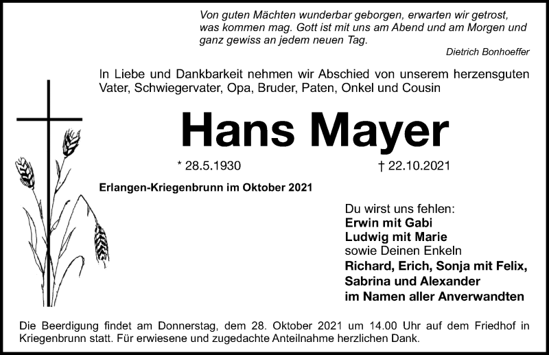 Traueranzeige für Hans Mayer vom 26.10.2021 aus Erlanger Nachrichten Lokal