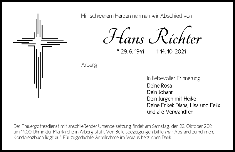  Traueranzeige für Hans Richter vom 22.10.2021 aus Altmühl-Bote Lokal