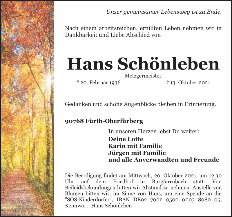  Traueranzeige für Hans Schönleben vom 15.10.2021 aus Fürther Nachrichten Lokal