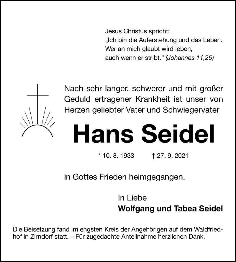  Traueranzeige für Hans Seidel vom 22.10.2021 aus Fürther Nachrichten Lokal