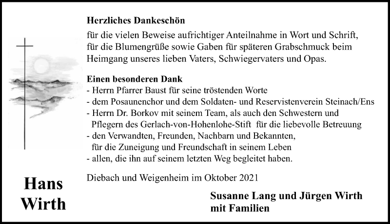 Traueranzeige für Hans Wirth vom 23.10.2021 aus Windsheimer Zeitung Lokal