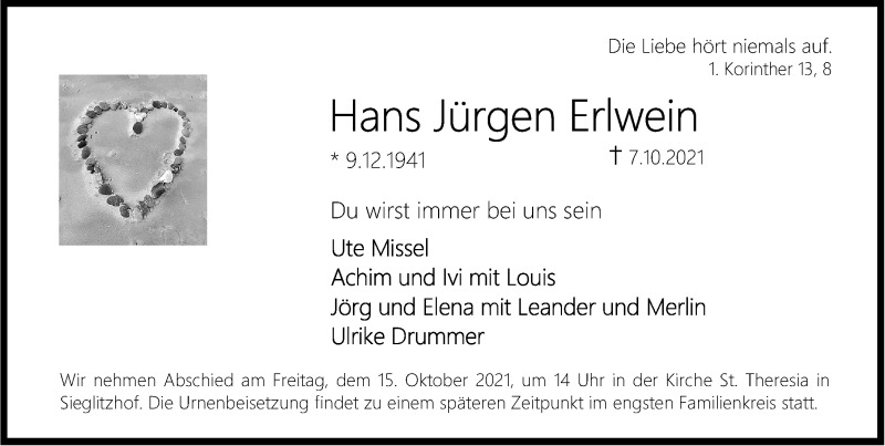  Traueranzeige für Hans Jürgen Erlwein vom 09.10.2021 aus Erlanger Nachrichten Lokal