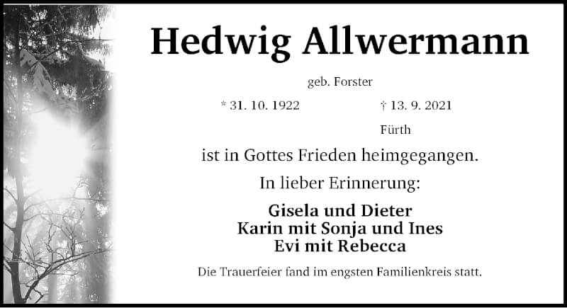  Traueranzeige für Hedwig Allwermann vom 16.10.2021 aus Fürther Nachrichten Lokal