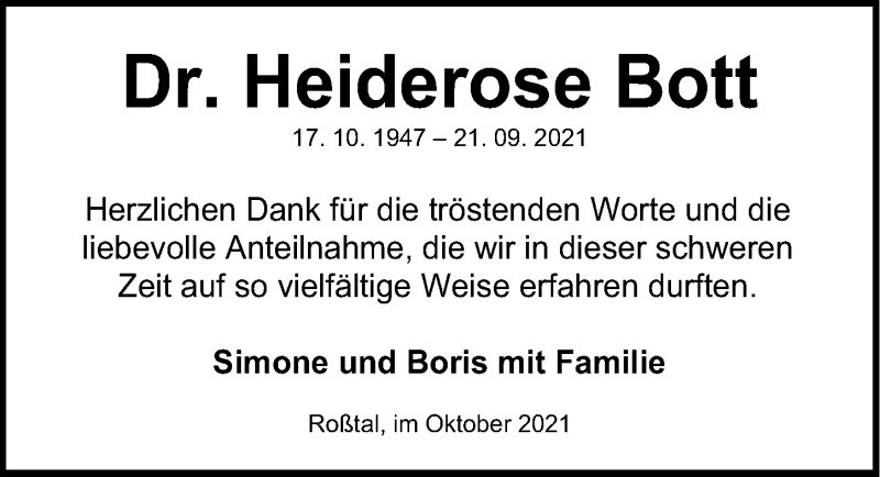  Traueranzeige für Heiderose Bott vom 22.10.2021 aus Fürther Nachrichten Lokal