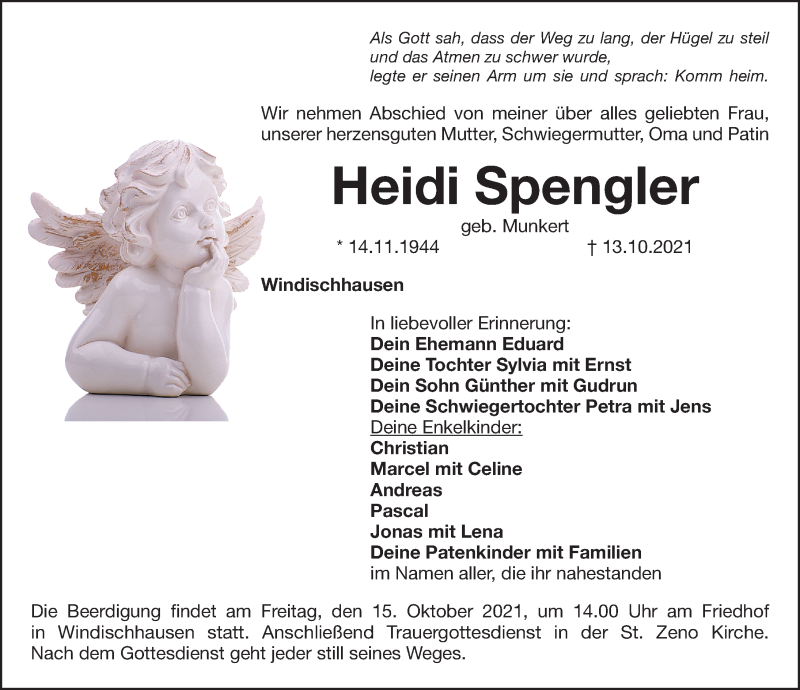  Traueranzeige für Heidi Spengler vom 14.10.2021 aus Weißenburger Tagblatt u.Treuchtlinger Kurier Lokal