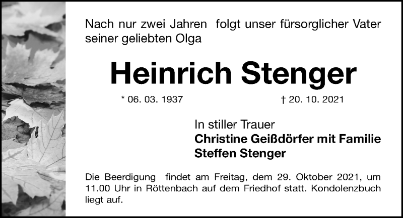  Traueranzeige für Heinrich Stenger vom 26.10.2021 aus Nordbayerische Nachrichten Herzogenaurach Lokal