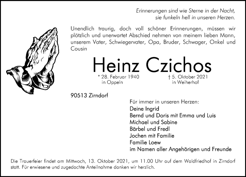 Traueranzeige für Heinz Czichos vom 09.10.2021 aus Fürther Nachrichten Lokal