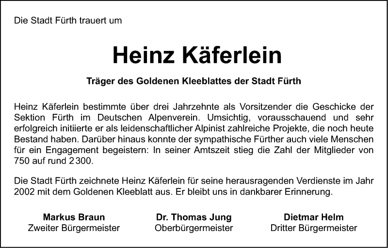  Traueranzeige für Heinz Käferlein vom 13.10.2021 aus Fürther Nachrichten Lokal