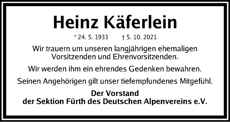  Traueranzeige für Heinz Käferlein vom 09.10.2021 aus Fürther Nachrichten Lokal