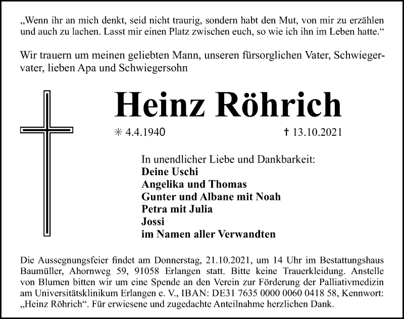  Traueranzeige für Heinz Röhrich vom 18.10.2021 aus Erlanger Nachrichten Lokal