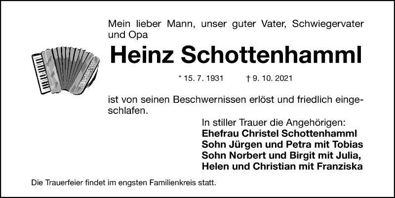  Traueranzeige für Heinz Schottenhamml vom 13.10.2021 aus Gesamtausgabe Nürnberger Nachrichten/ Nürnberger Ztg.