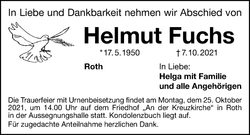  Traueranzeige für Helmut Fuchs vom 22.10.2021 aus HST,HRHV