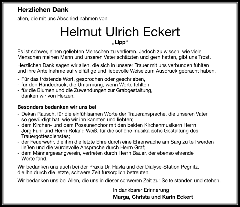  Traueranzeige für Helmut Ulrich Eckert vom 02.10.2021 aus Nordbayerische Nachrichten Pegnitz Lokal