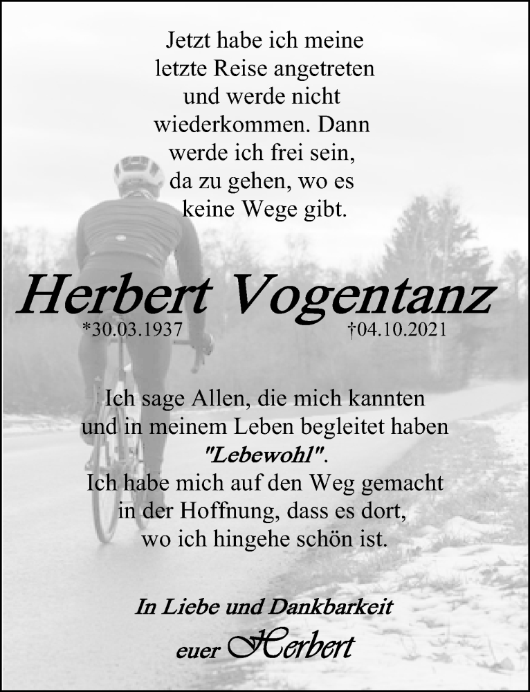  Traueranzeige für Herbert Vogentanz vom 23.10.2021 aus Schwabacher Tagblatt Lokal