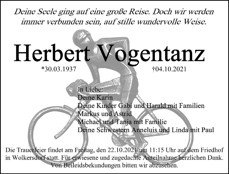  Traueranzeige für Herbert Vogentanz vom 13.10.2021 aus Schwabacher Tagblatt Lokal