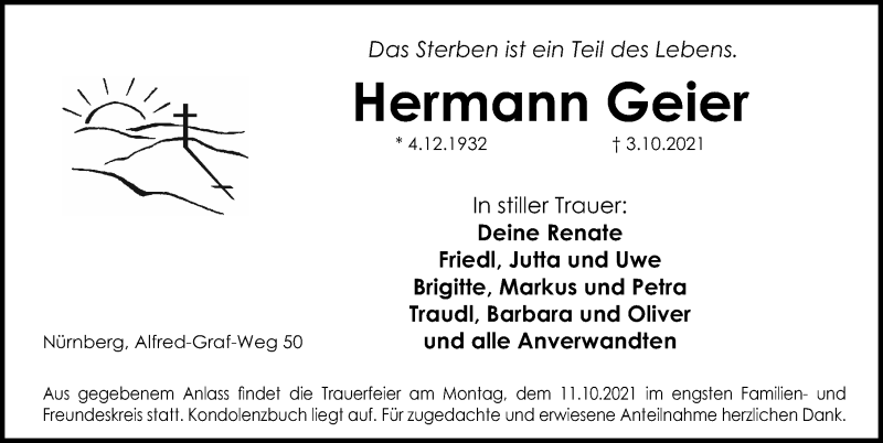  Traueranzeige für Hermann Geier vom 08.10.2021 aus Gesamtausgabe Nürnberger Nachrichten/ Nürnberger Ztg.