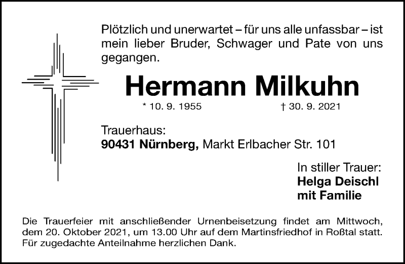  Traueranzeige für Hermann Milkuhn vom 18.10.2021 aus Fürther Nachrichten Lokal