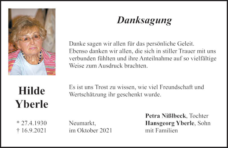  Traueranzeige für Hilde Yberle vom 16.10.2021 aus Neumarkter Nachrichten Lokal
