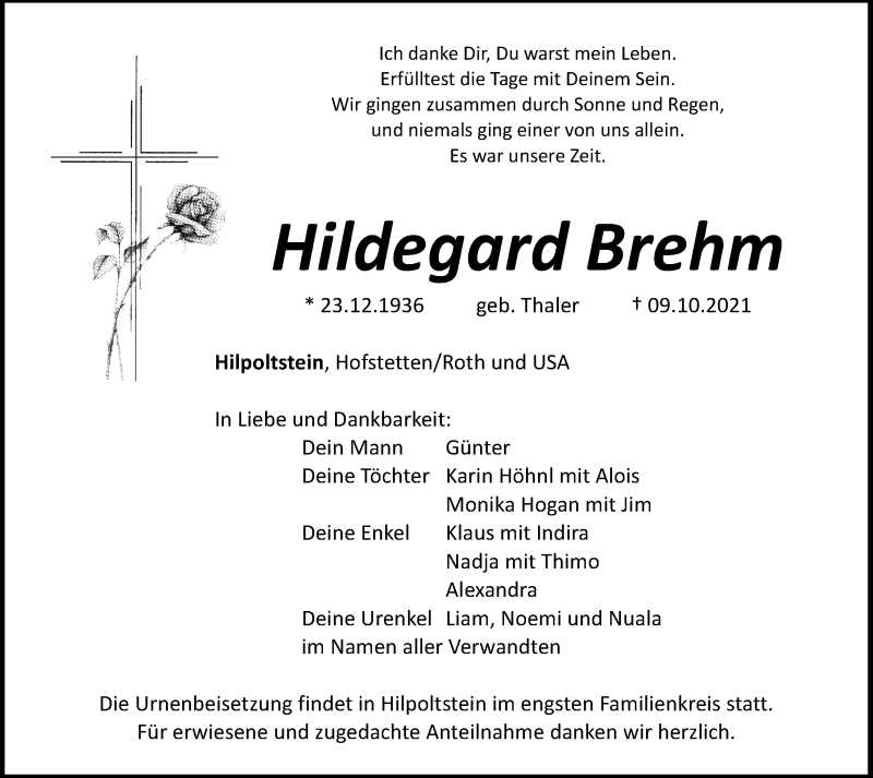  Traueranzeige für Hildegard Brehm vom 11.10.2021 aus Roth-Hilpoltsteiner Volkszeitung Lokal