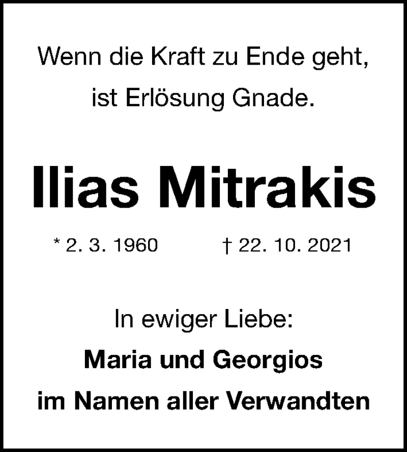  Traueranzeige für Ilias Mitrakis vom 26.10.2021 aus Gesamtausgabe Nürnberger Nachrichten/ Nürnberger Ztg.