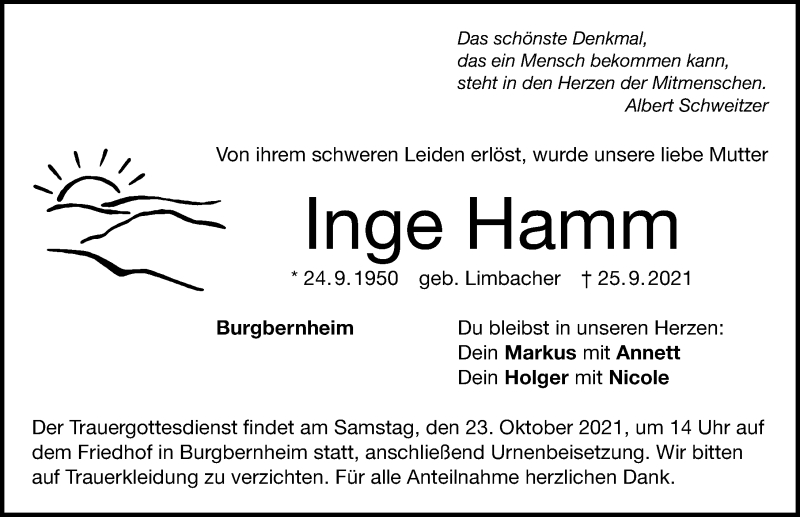  Traueranzeige für Inge Hamm vom 18.10.2021 aus Windsheimer Zeitung Lokal
