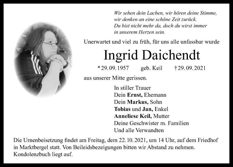  Traueranzeige für Ingrid Daichendt vom 20.10.2021 aus Windsheimer Zeitung Lokal