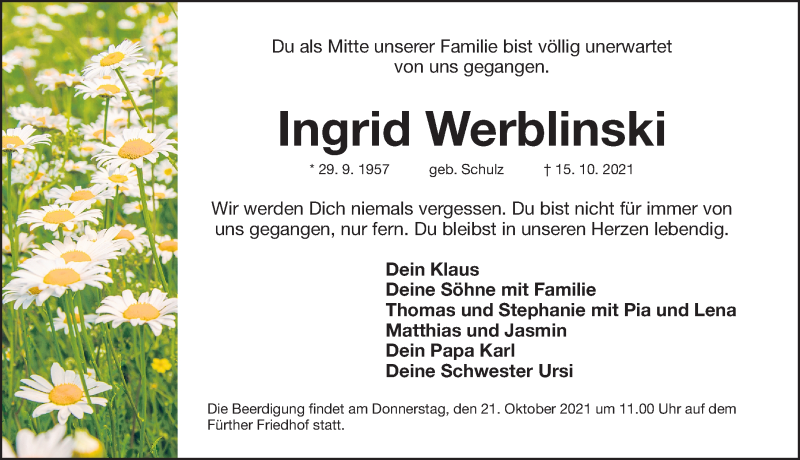 Traueranzeige für Ingrid Werblinski vom 19.10.2021 aus Fürther Nachrichten Lokal