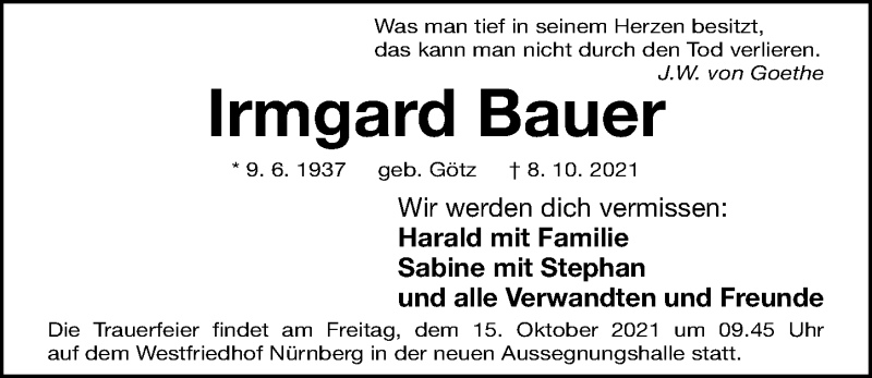  Traueranzeige für Irmgard Bauer vom 13.10.2021 aus Gesamtausgabe Nürnberger Nachrichten/ Nürnberger Ztg.